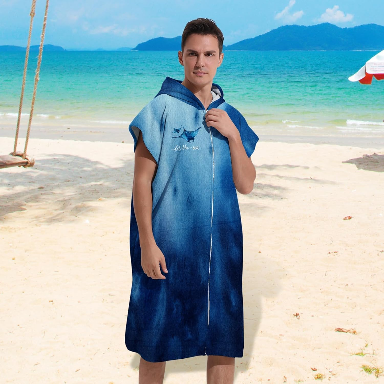 Soft Microfiber Surf Poncho Changing Towel Swim Robe Terry Cloth Swim Cover up with Hood and Zipper Quick Dry for Women Men Towel Poncho Hoodie image number 4