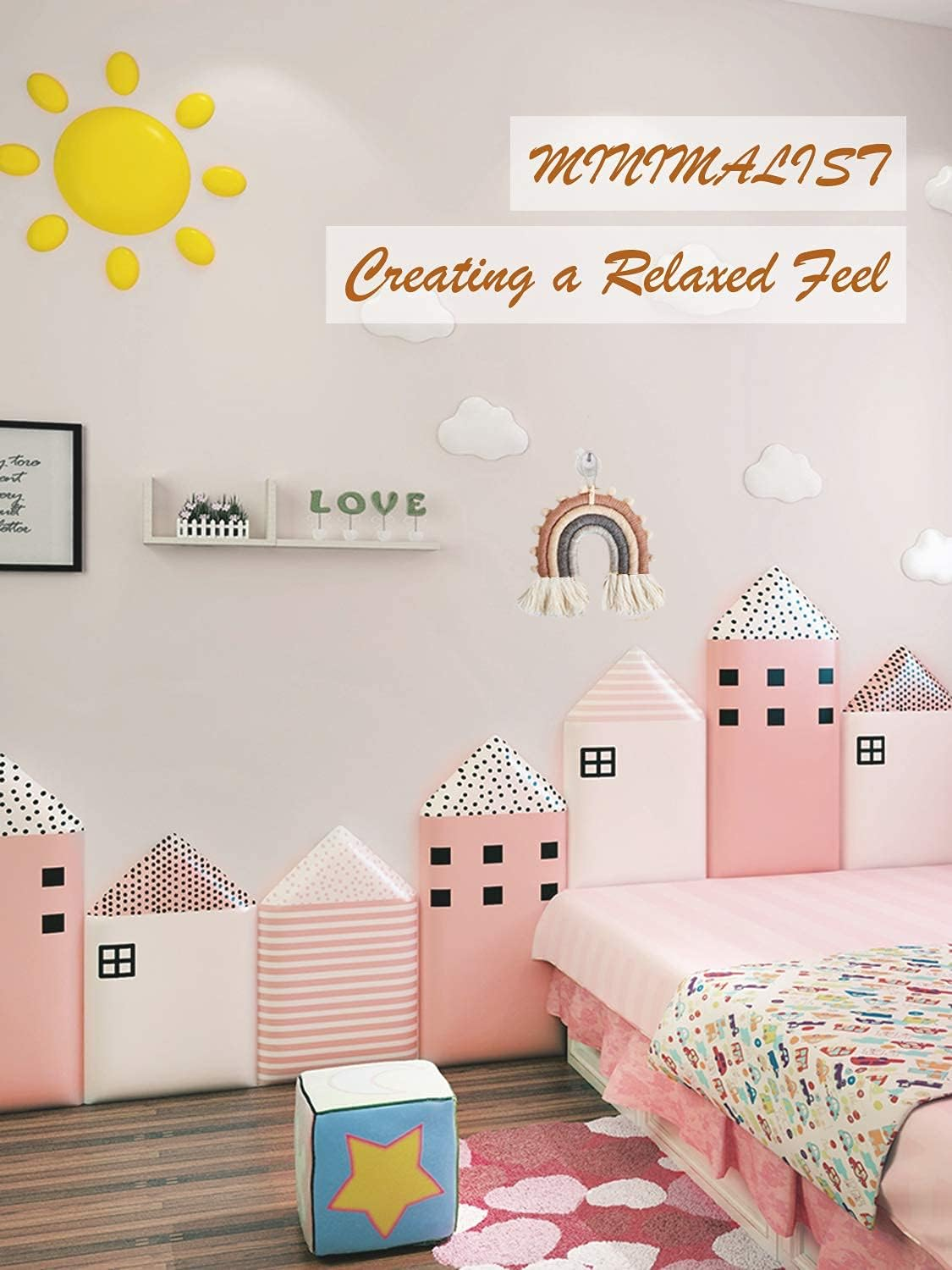 Rainbow Macrame Wall Hanging, Nursery & Home Wall Decor, Bohemian (Pom Pom Trim, 5X5.5X0.39In) image number 4