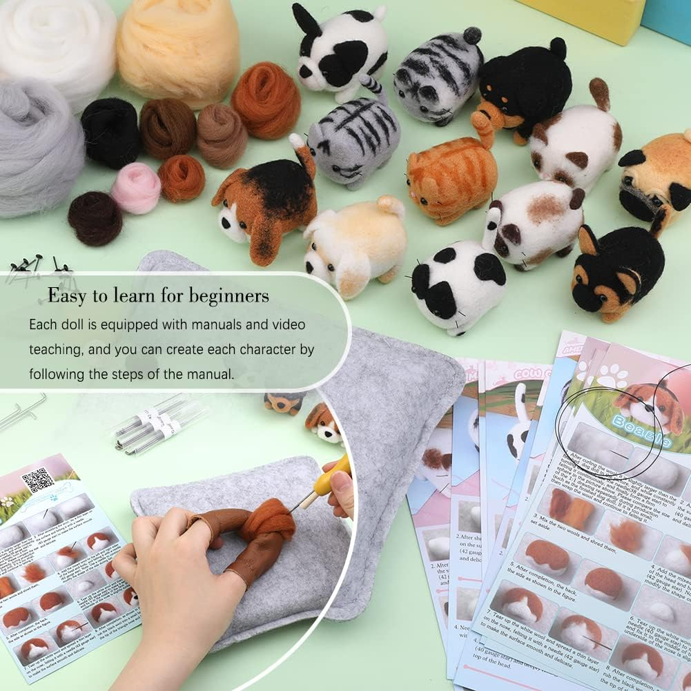 Needle Felting Kit，12 Pieces Doll Making Wool Needle Felting Starter Kit with Instruction,Felting Foam Mat and DIY Needle Felting Supply for DIY Craft Animal Home Decoration Birthday Gift image number 1