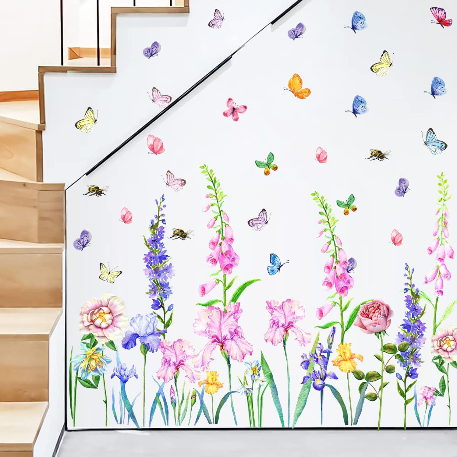 KOKOLAP Garden Flowers Window Clings,Flower Wall Stickers,Iris Florals Window Decals Peel and Stick,Green Leaves Wall Vinyl Decal,Butterfly Bouquet Wall Art Decor for Girls Bedroom Kitchen Living Room - Yellow image number 6