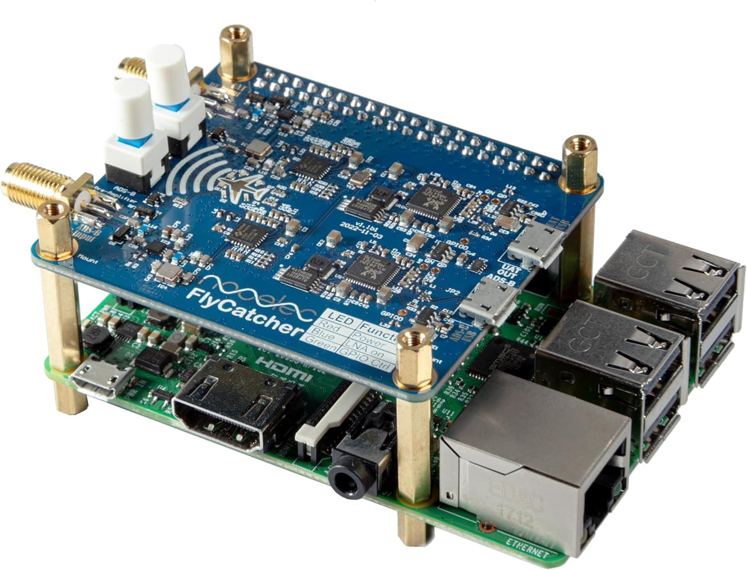 Nooelec Flycatcher - High Performance Dual-Channel RTL-SDR Raspberry Pi HAT for Flight Tracking & Aviation Monitoring. ADS-B 1090Mhz and UAT 978Mhz Software Defined Radio W/Local & Remote LNA Bypass