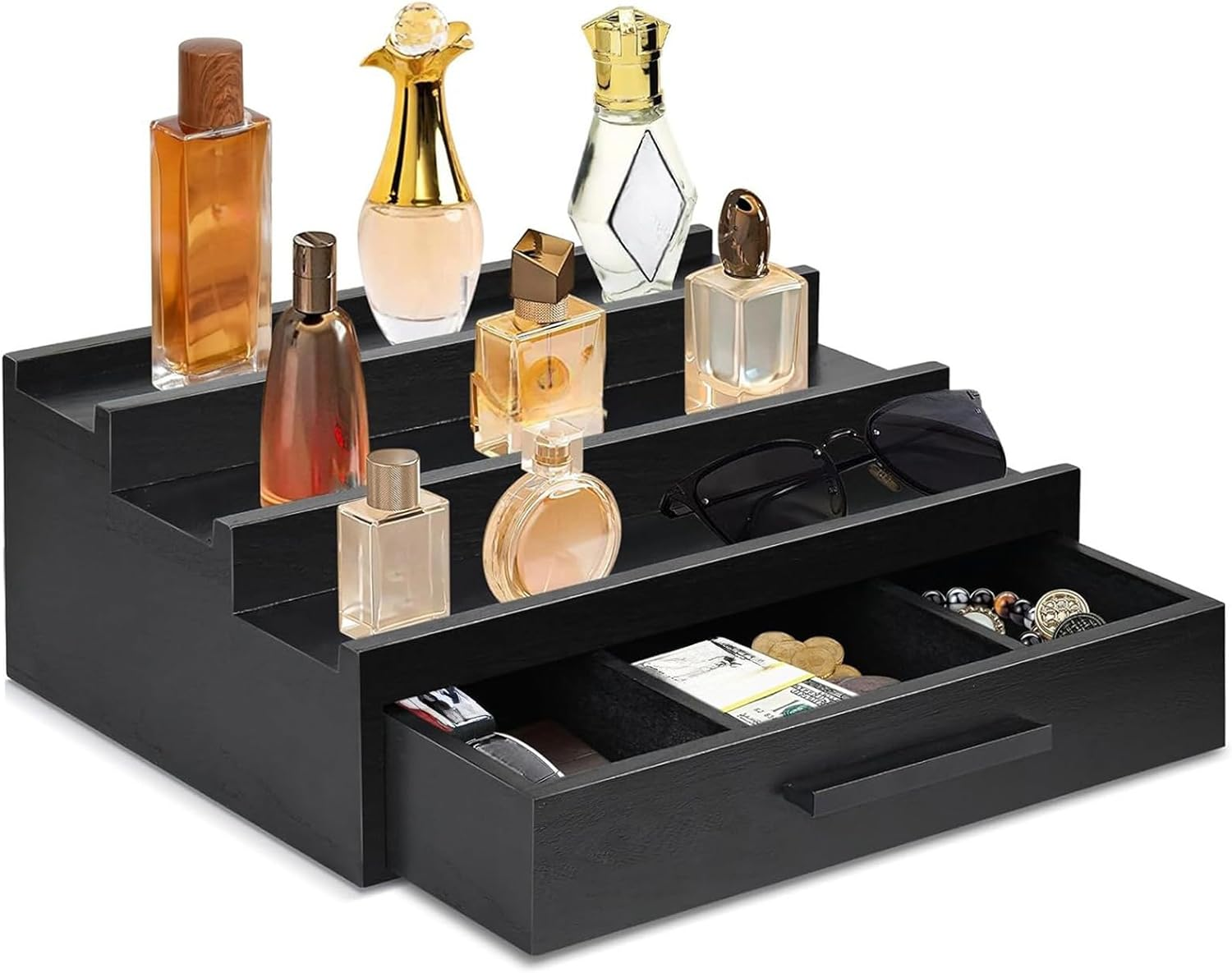 Perfume Rack Organizer | Fragrance Rack Three-Layer Perfume Holder | Perfume Rack, Wooden Perfume Stand, Black Perfume Organizer with -Drawers for Watches, Room image number 4
