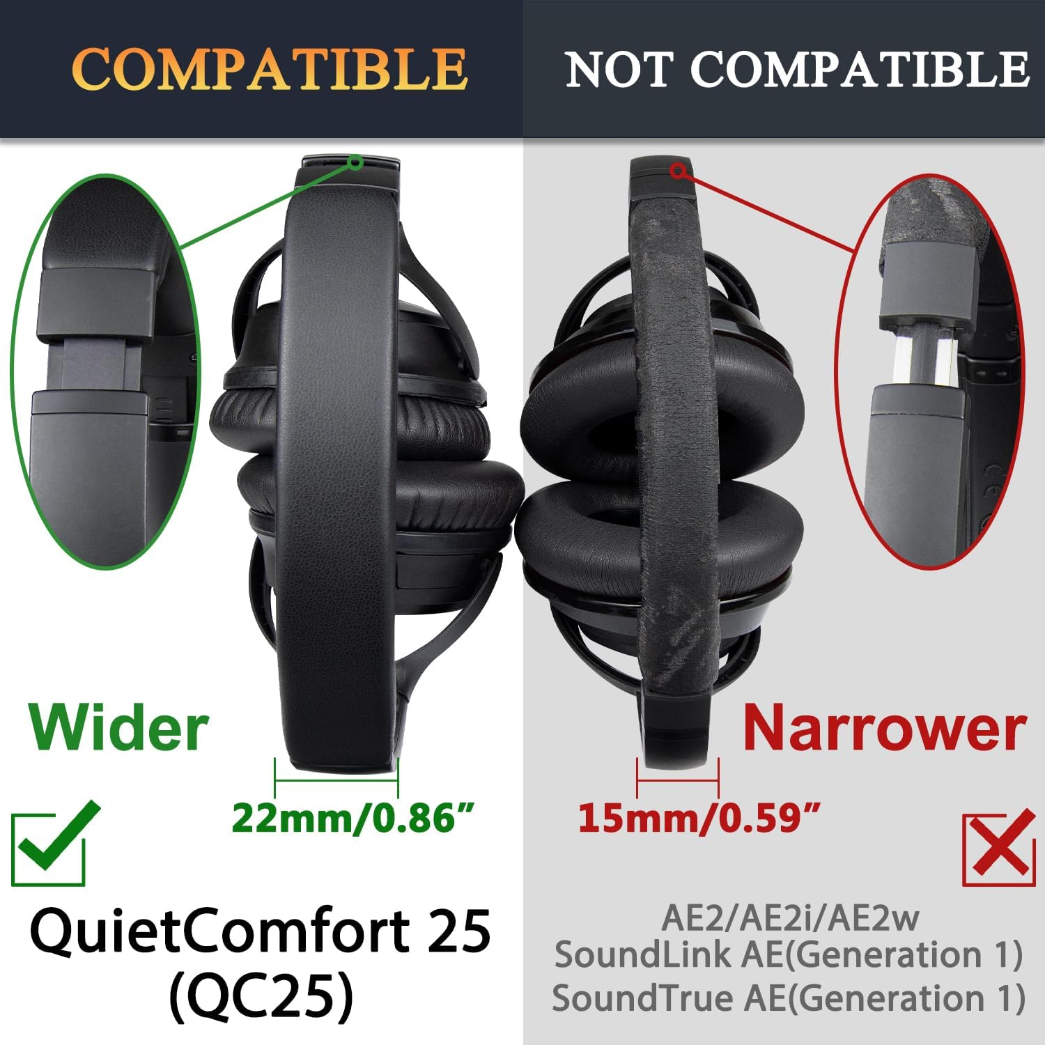 SOULWIT Headband Cover for Bose Quietcomfort 25(QC25) Headphones, Replacement Headstrap Pad Repair Part - Black image number 1