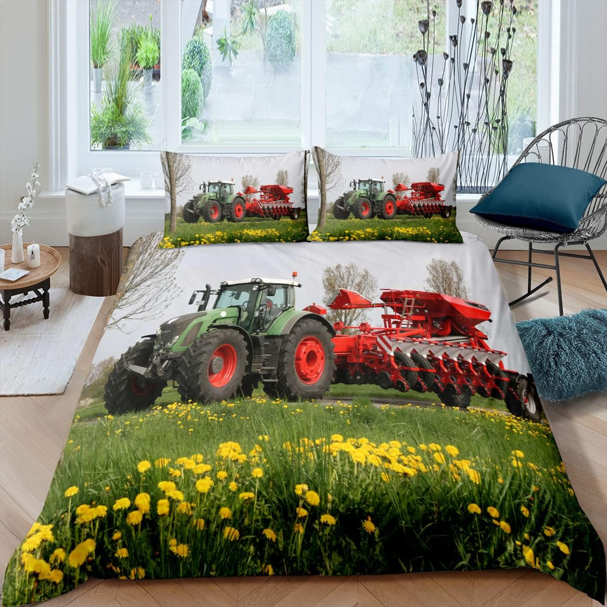 XPINGO Children'S Bed Linen Tractor 135 X 200 Cm 2-Piece Boys 100% Microfibre Summer Soft Winter Warm Duvet Covers with Zip 3D Tractor Duvet Cover with Pillowcases 80 X 80 Cm