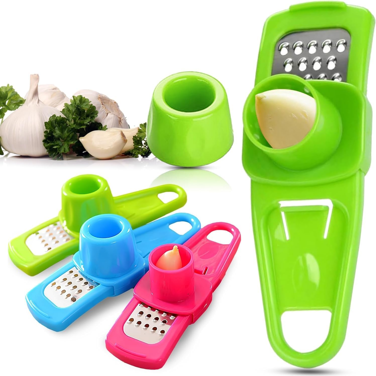 Landkitch-Garlic Grinder (2 Pack)-Hand Garlic Grinder-Small Hand Grinder for Garlic-Garlic Slicer-Garlic Mincer-2025 New Hand Press Garlic Chopper-Garlic Press Hand Specialty Tools (Green + Pink)