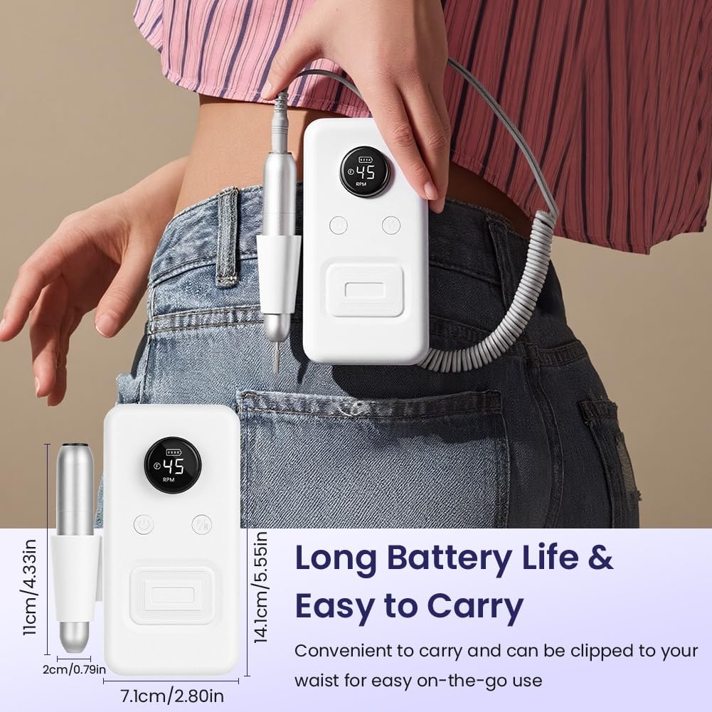 BUTBU Cordless Electric Nail Files, 13 in 1 Professional Rechargeable Electric Nail Drill Machine, 30000 RPM Portable E File Kit, Manicure Pedicure Set with 6 Drill Bits, for Home Salon (White) image number 2