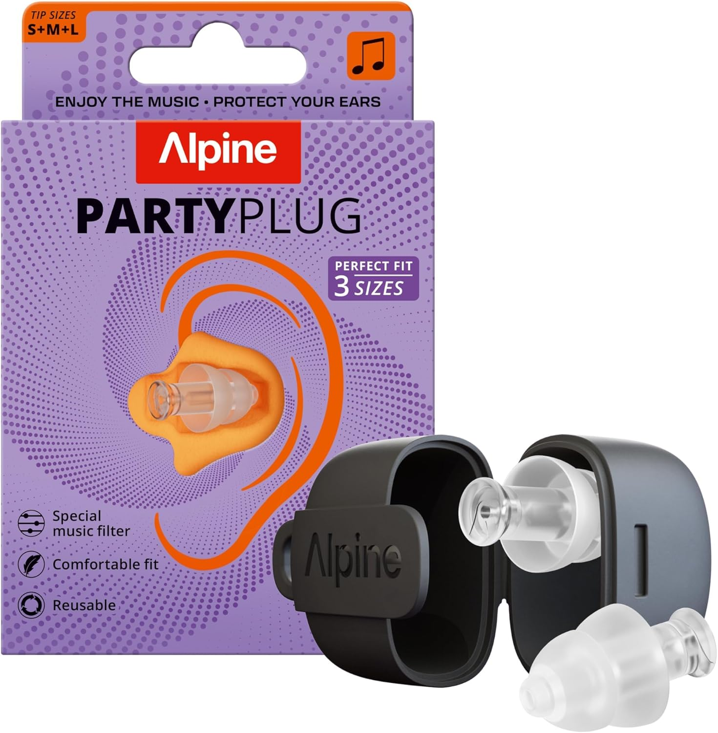 Alpine Partyplug Concert Ear Plugs 19Db - Essential Hearing Protection for Festival, Reusable Plugs for Music & Disco, High Quality Audio, 3 Sizes (S/M/L), Transparent