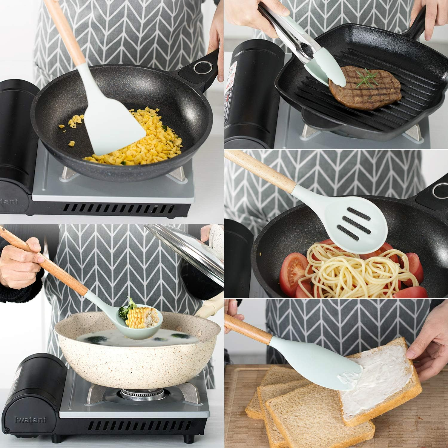 Kagoling Kitchen Utensil Set, Silicone Kitchen Utensils, Non-Stick Heat Resistant Kitchen Utensil Set with Wooden Handle, 12 Pieces, Kitchen Appliance Including Spoons, Tongs, Whisk, Spatula image number 6