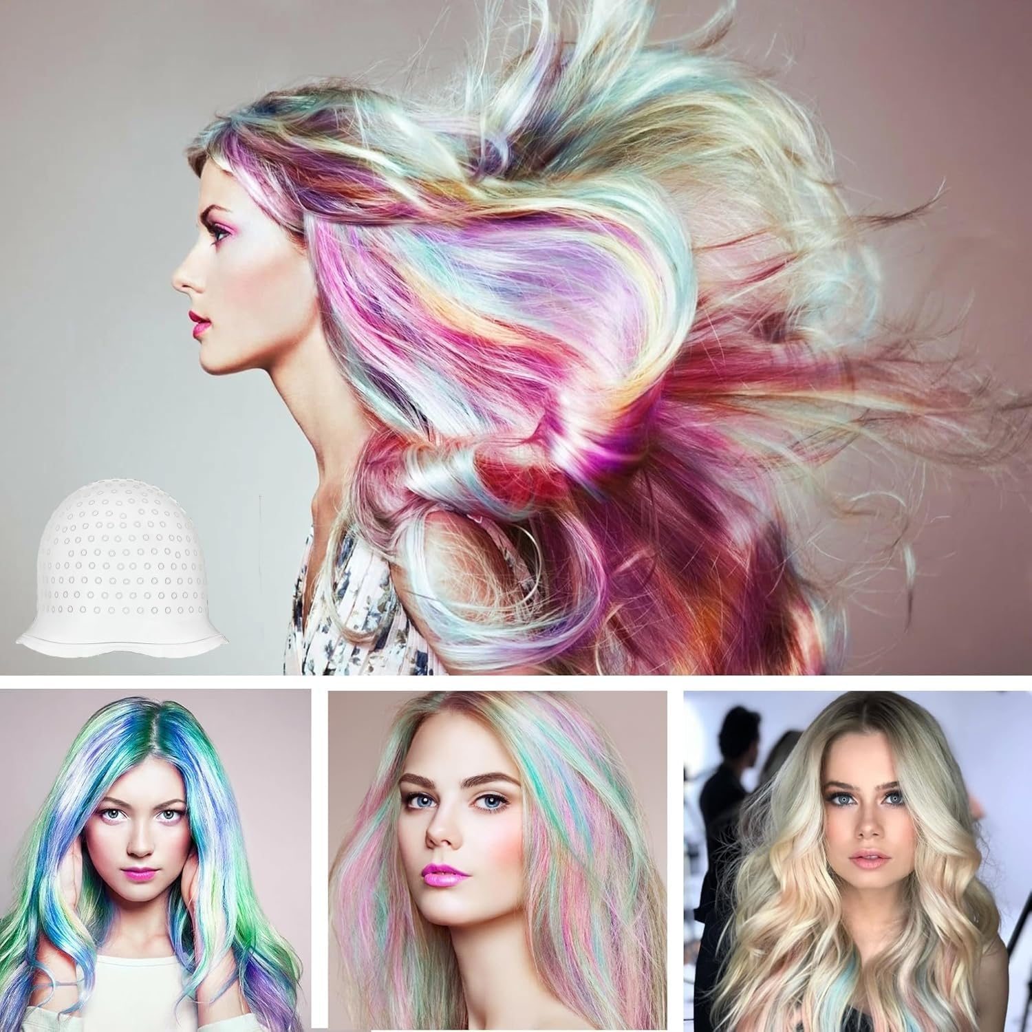 Heanvmyss Silicone Highlighting Cap,Hair Highlighting Cap and Hook Kit,Reusable Streaking Caps with Pre-Punched Holes,Soft Half Transparent Hair Highlighting Cap for Men Women Salon Home(White) image number 2