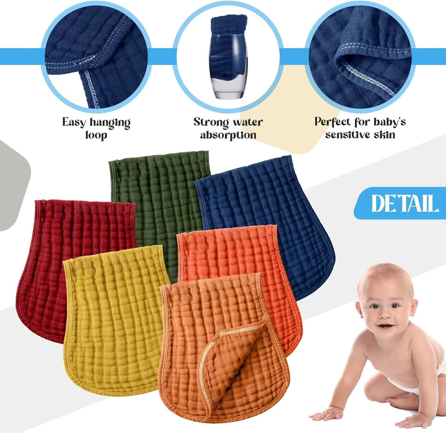 6 Pieces Muslin Burp Cloths Cloth Multi Colors Washcloths Diapers Absorbent Layers Face Towels Unisex, 9 X 20 Inch (Retro Colors)