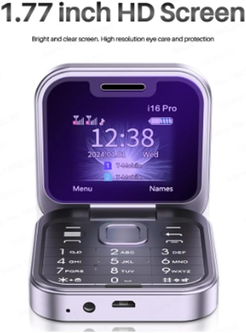 Mini Flip Mobile Phone FM Radio Voice Blacklist Speed Dial Vibration 2SIM Card Small Display Foldable Phone Easy Install (Black)