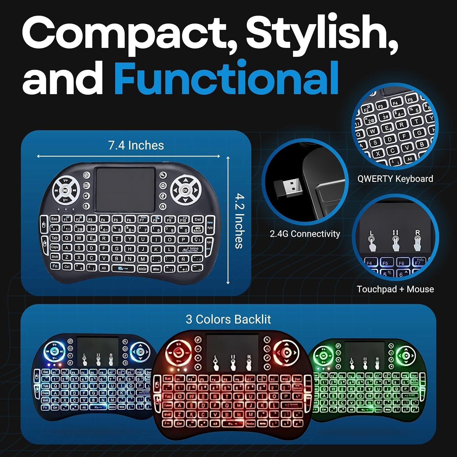 Mini Keyboard Remote Control Touchpad Mouse Combo Controller with RGB Backlit for Android TV Box Smart TV with OS+USB PC Computer Laptop Window OS HTPC Home Theater PC + USB 2.4Ghz Dongle 1Pack image number 1