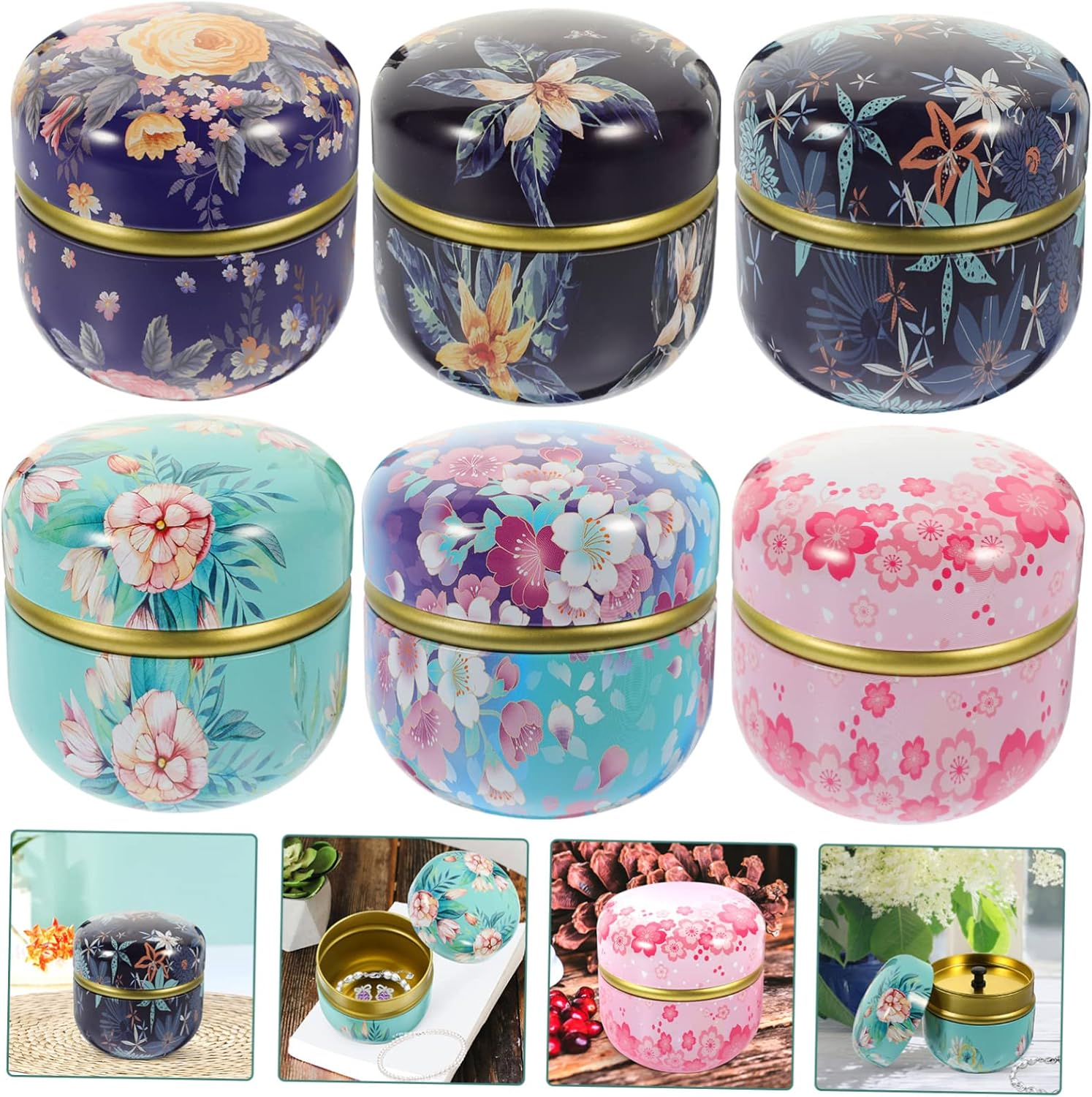 NAMOARLY 6Pcs Tinplate Candy Storage Jars Inner Lids, round Containers, Food-Grade Metal Packaging Boxes Suitable for Gift and Home Use Style image number 1