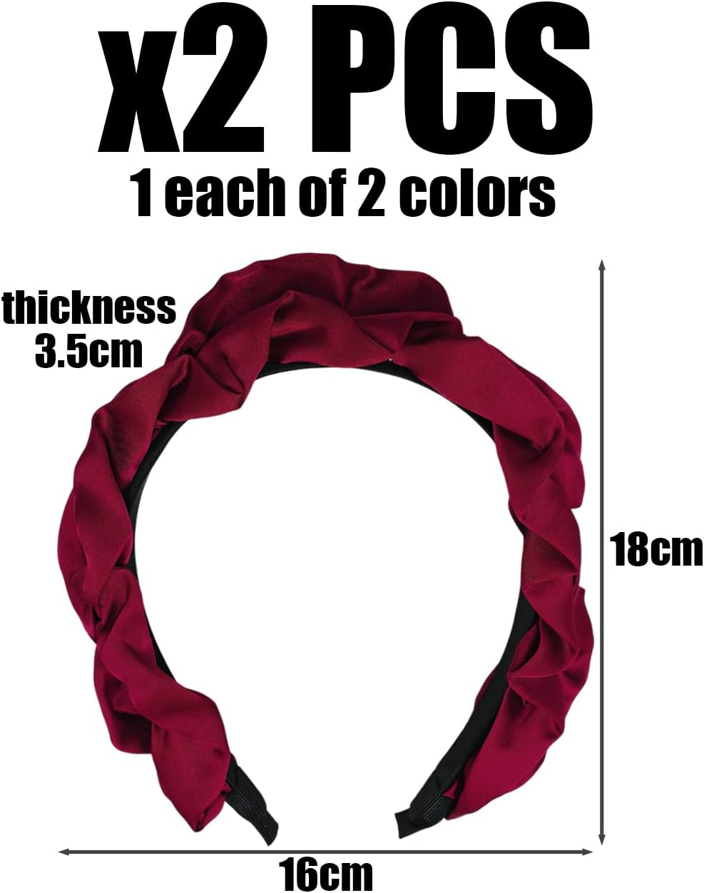 Pack of 2 Pleated Headbands, Headbands for Women, Satin Headbands, Retro Headbands, Simple Versatile Headbands (Black, Red) image number 1