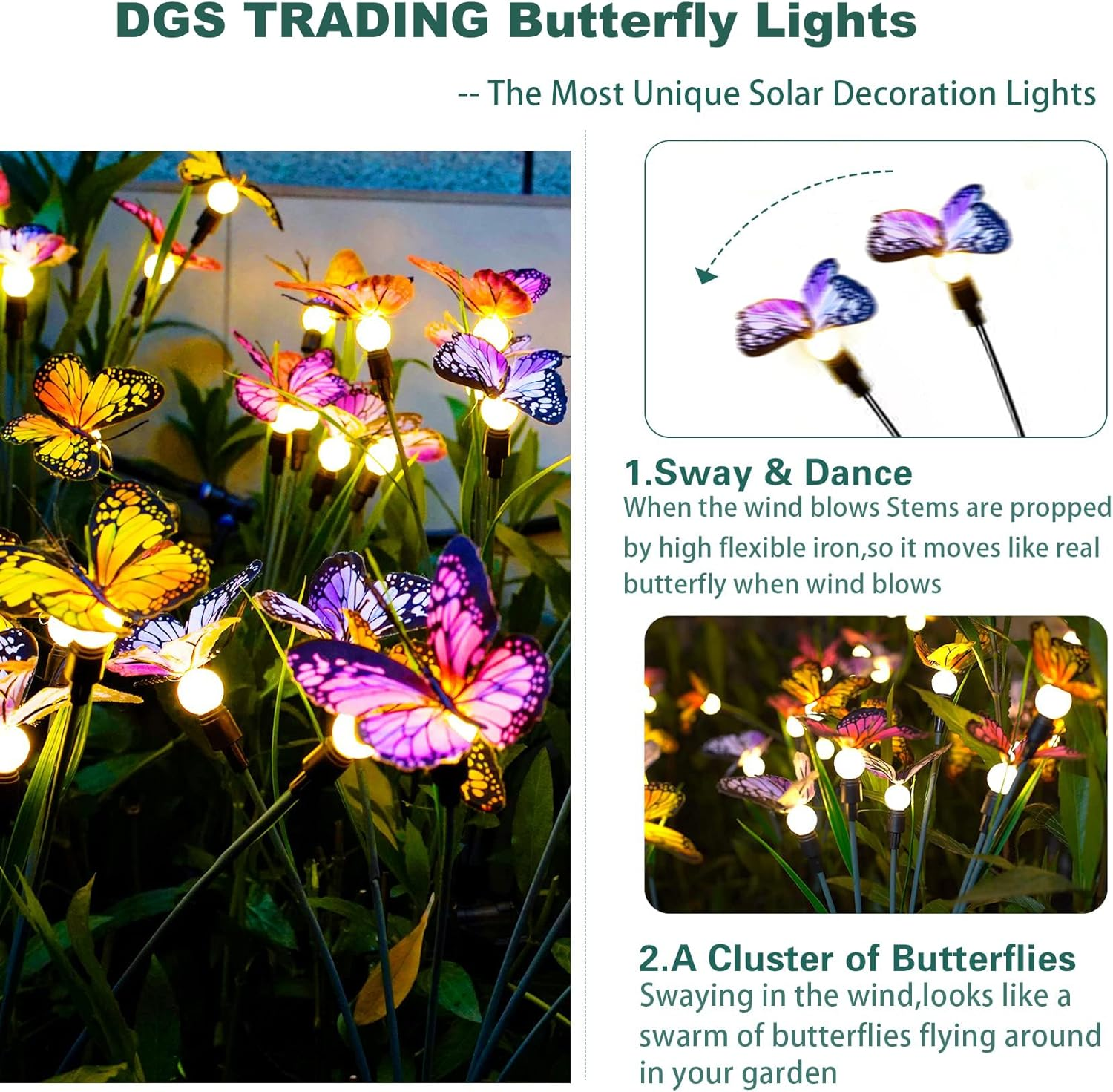 DGS TRADING Solar Garden Lights - Newest Swaying Butterfly Light, Swaying in the Wind, Solar Outdoor Lights, Yard Patio Pathway Decoration, High Flexibility Iron Wire & Realistic Butterflies (4 Pack)