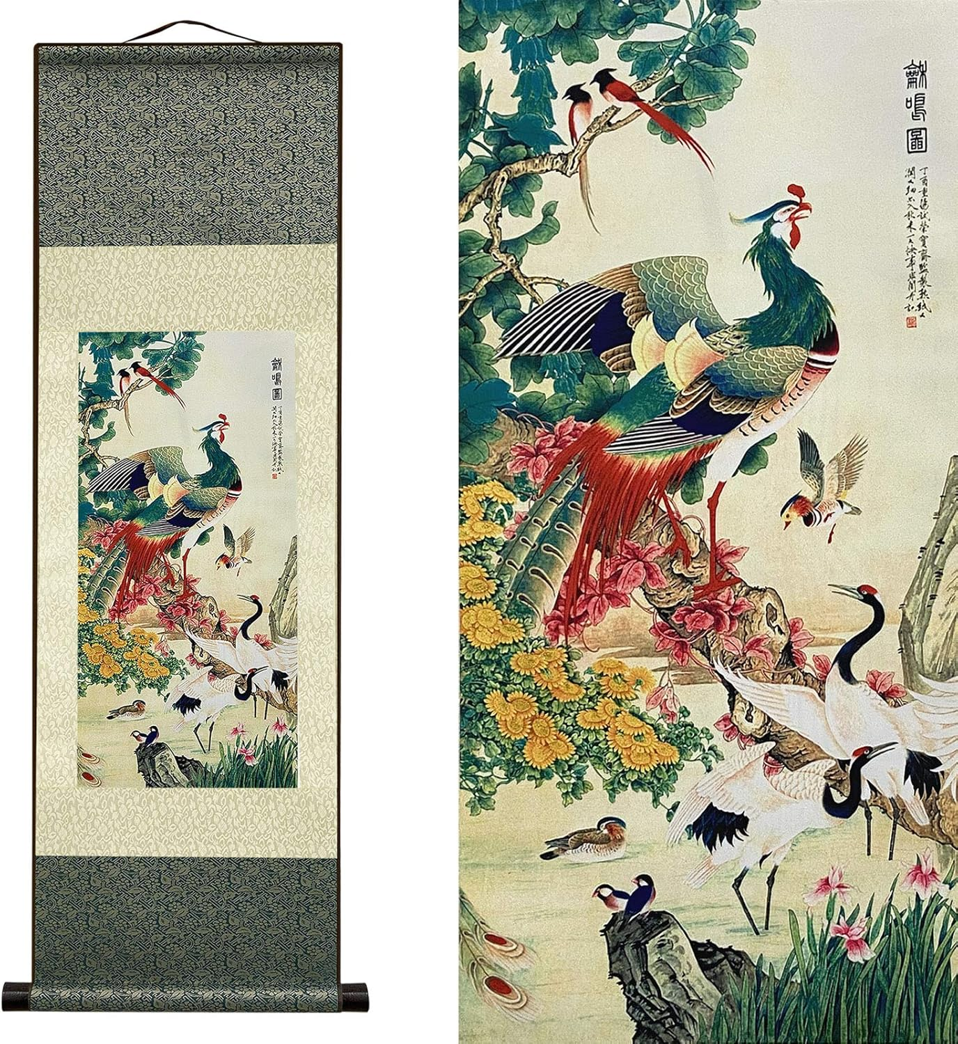 Silk Scroll Painting Asian Wall Decor Birds - Hundred Birds Respect the Phoenix Beautiful Chinese Art Wall Scroll Hanging Painting Scroll Oriental Decor(39 X 12 In) image number 5