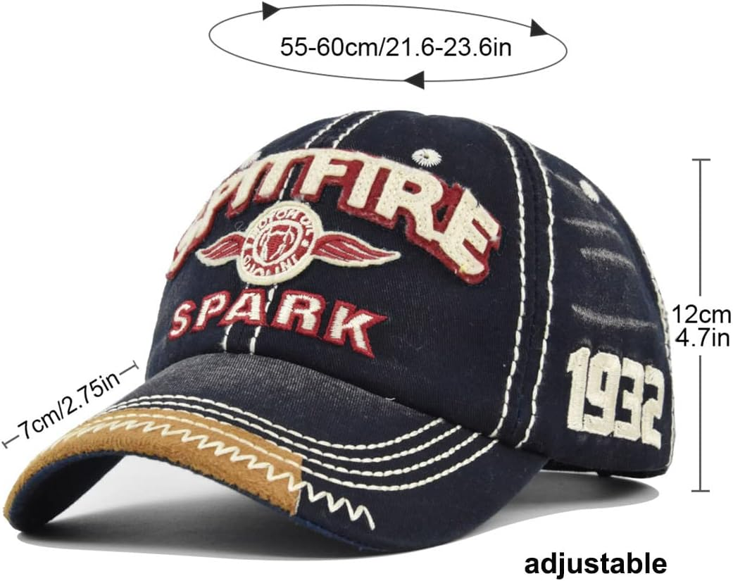 YULOONG Vintage Baseball Cap Embroidery Spitfire Washed Denim Trucker Cap 100% Cotton Sun Hat for Men Women Adjustable Size - Grey image number 5