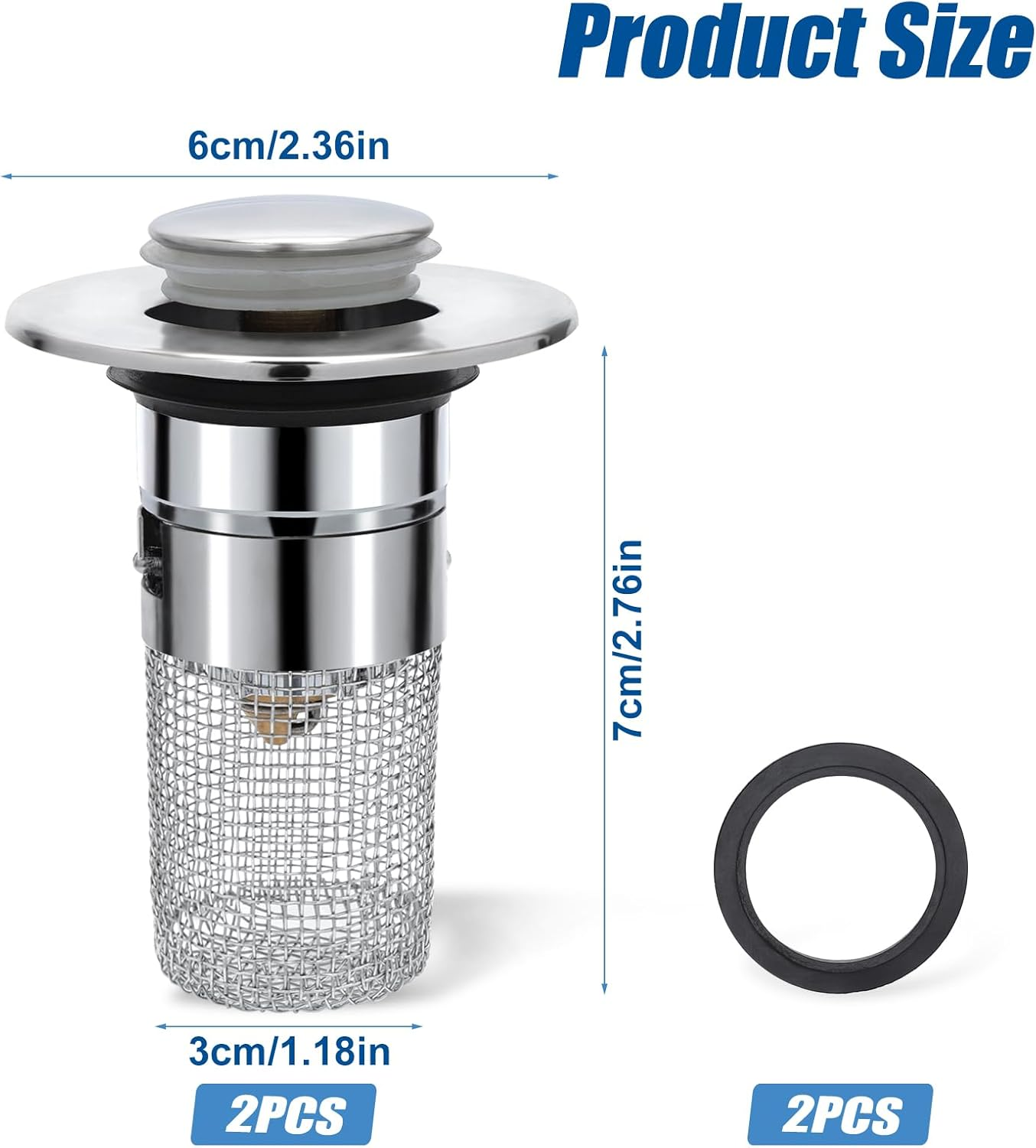 2Pcs Stainless Steel Floor Drain Filter, Pop-Up Sink Drain Filter Bathtub Sink Drain Strainer Multifunctional Bathroom Sink Stopper with Detachable Filter Basket for Kitchen Bathroom image number 5