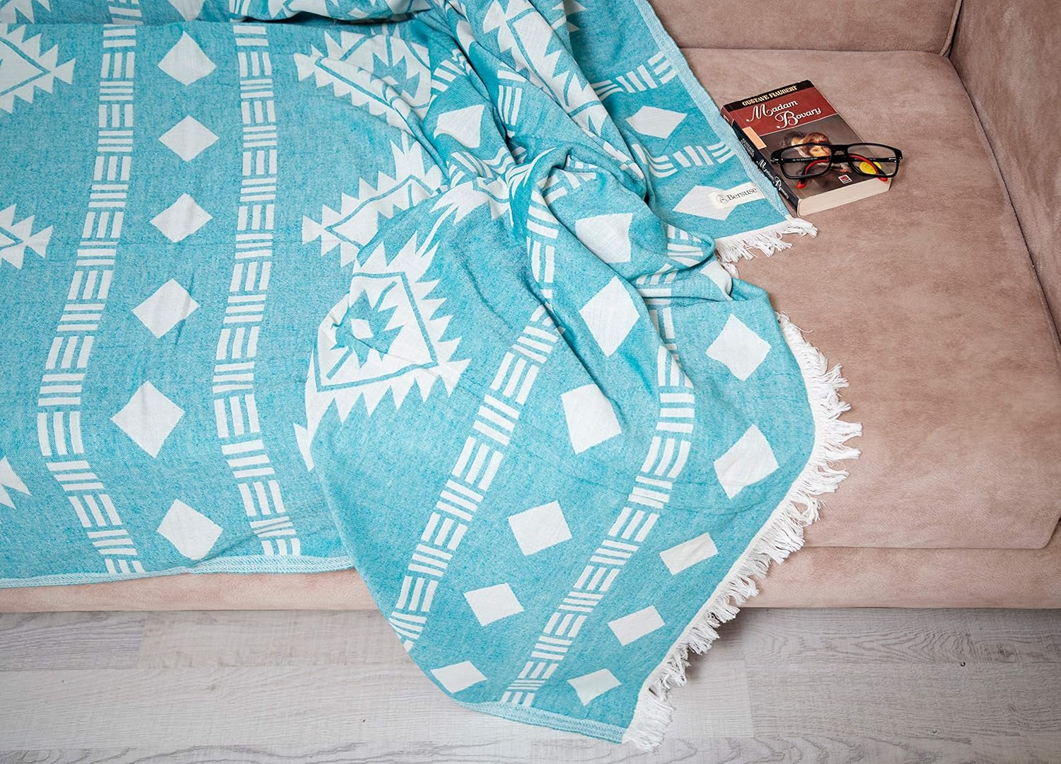 Bersuse 100% Cotton Belize XL Throw Blanket Turkish Towel - 75X90 Inches, Aqua image number 5