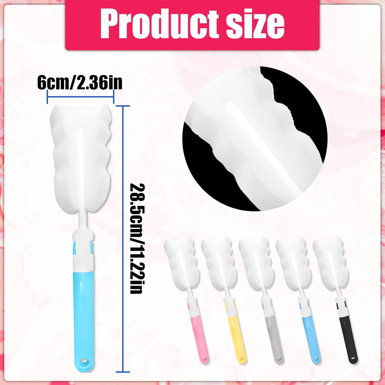 HAIKING Cup Cleaning Sponges, 5 PCS Long Handle Water Bottle Cleaners for Kettle, Tumbler, Sports Bottles (Removable) image number 6