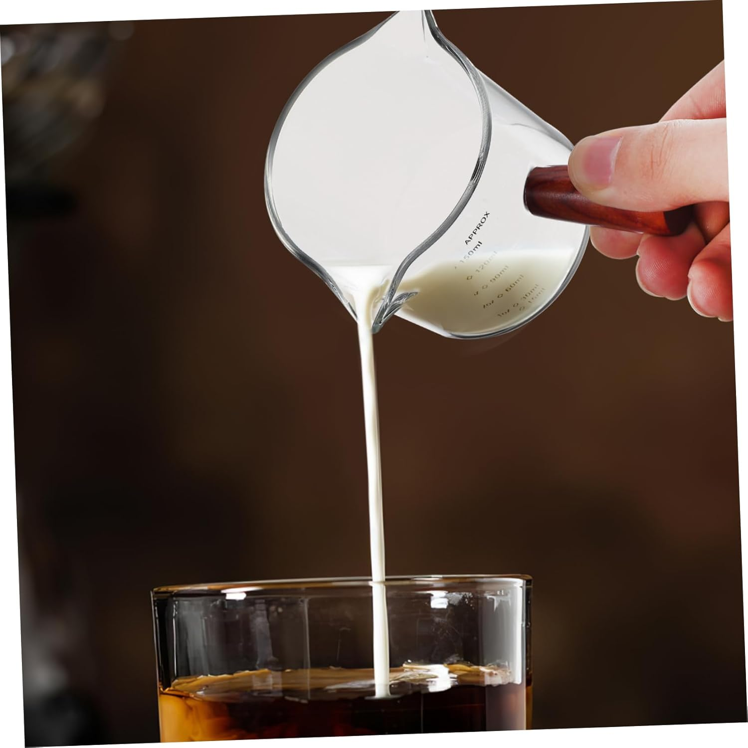 MOTHNUR 2 Pcs Espresso Glass Measuring Cups with Wooden Handles Dual Spout Pitchers for Coffee Creamer Milk Precise Graduated Design for Home Office Coffee Shop Use image number 4