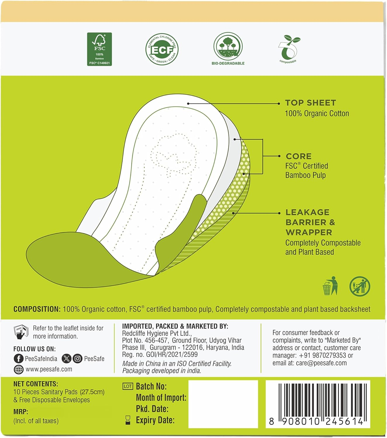 Pee Safe Organic Cotton Biodegradable Sanitary Pads, Regular | Anti-Bacterial | Superb Absorbency | Long Lasting Protection | Skin Friendly | Comfortable & Easy to Use | Pack of 10 image number 1