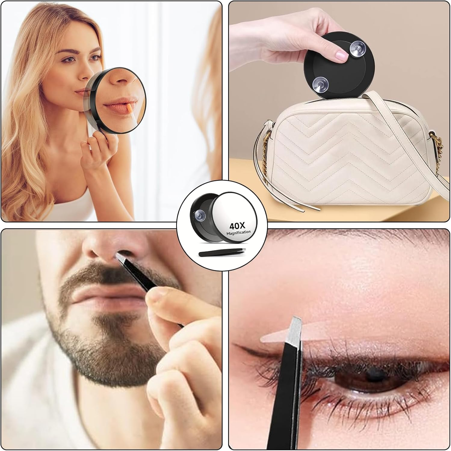 40X Magnifying Mirror 40X Magnifying Mirror Suction Cup and Tweezers Travel Small Mirror Set for Blackhead Removal for Precise Makeup and Eyebrow Plucking 3.5 Inches image number 3