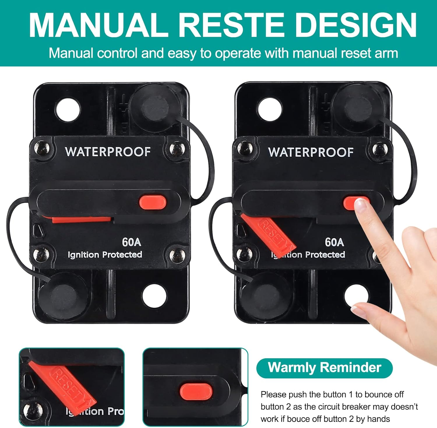 60 Amp Waterproof Circuit Breaker,With Manual Reset,12V-48V DC, for Car Marine Trolling Motors Boat ATV Manual Power Protect for Audio System Fuse image number 4