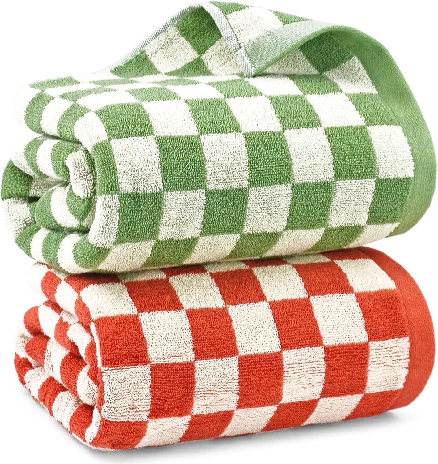 Jacquotha Checkered Bath Towels for Bathroom, 2 Pack Shower 55'' X 27.5'', Super Absorbent and Quick Dry (Orange + Green)