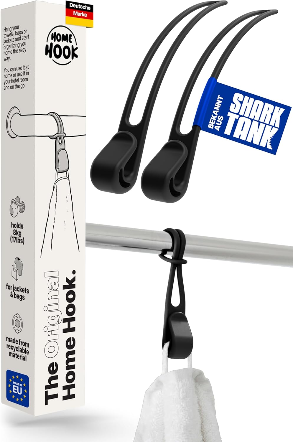 Home Hook Towel Rail without Drilling and Gluing (Pack of 2) - for the Whole Household, the Hook Is Your New Bathroom and Kitchen Organiser, Top Housewarming Gift, Holds 10 Kg, 2 X Coat Hooks, Black image number 4