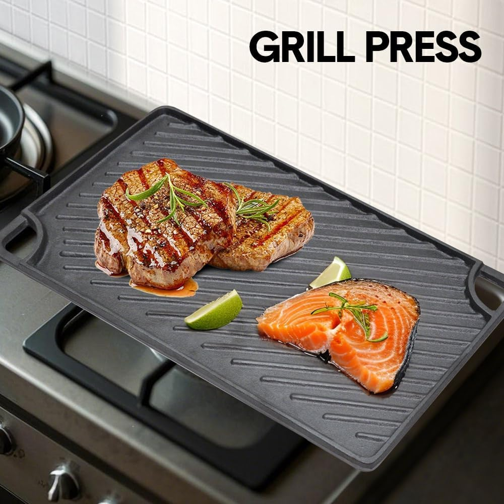 ALSTON Reversible Cast Iron Griddle Rectangular BBQ Plate Double-Sided Flat Top Griddle Pan and Grooved Grill for Gas Stovetop Oven and Open Fire, Black 43&times;24Cm image number 5