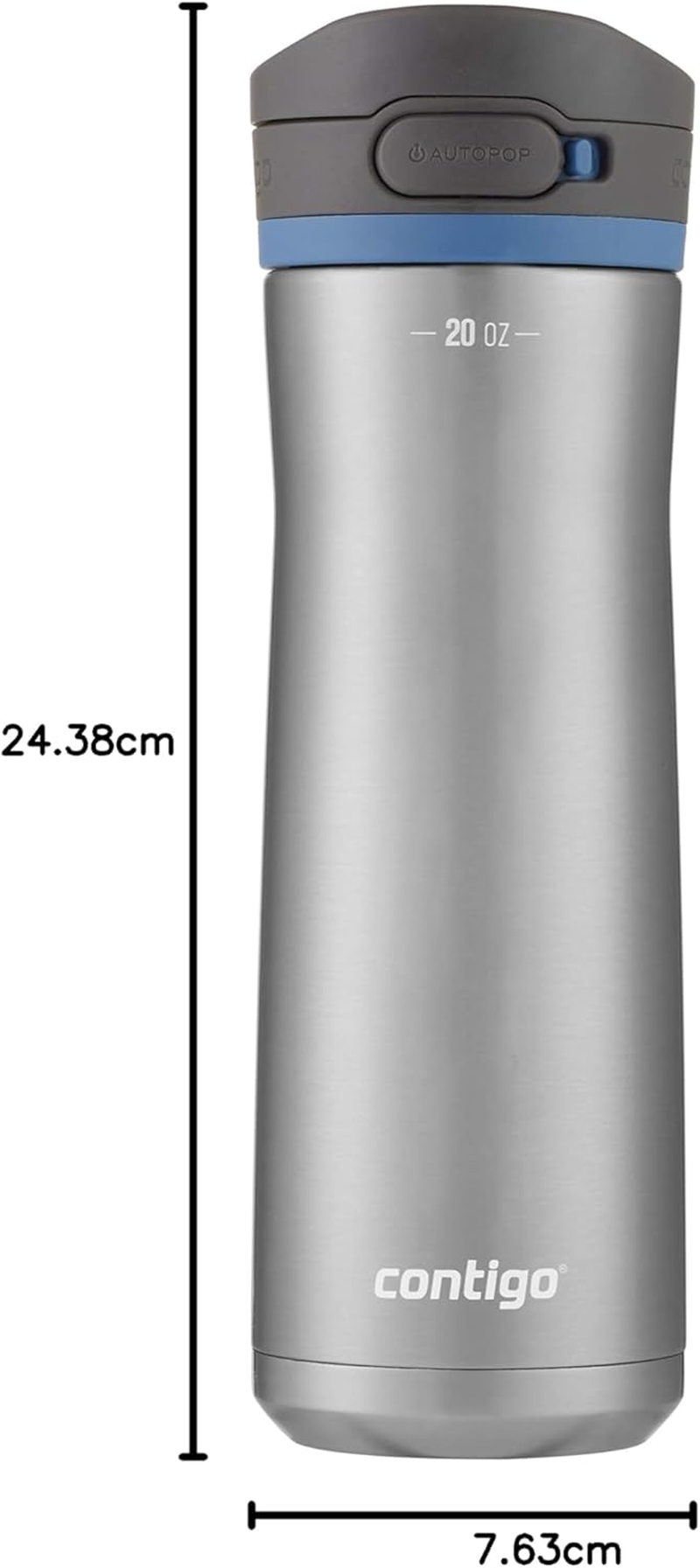 Contigo Jackson Chill Autopop Water Bottle 591Ml - Double-Walled Vacuum Insulated, One-Handed AUTOPOP&reg; Leak-Proof Lid with Protective Cover, Wide Mouthpiece, Secure Button Lock - Stainless Steel image number 5