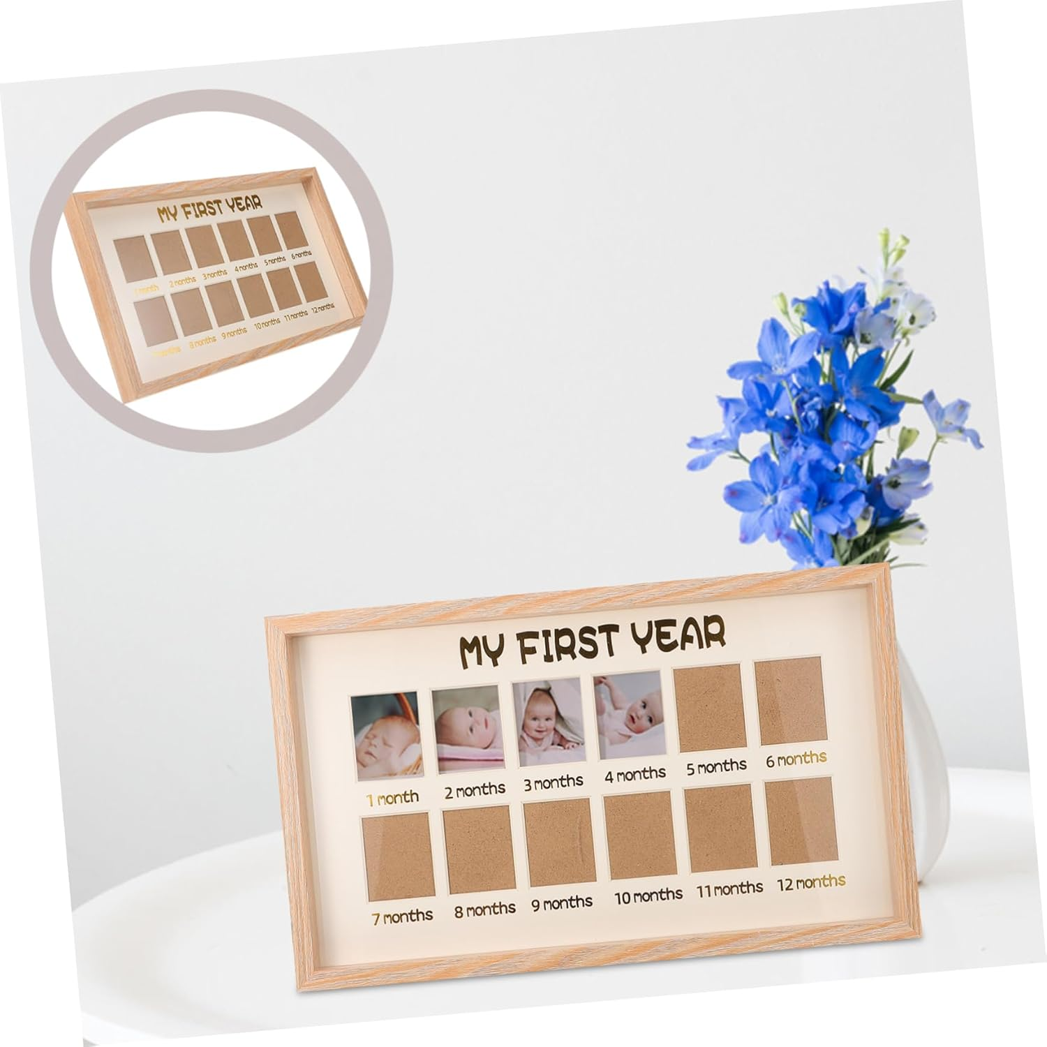 Photo Frame 12 Month Milestone Natural Wood Color Tabletop Memories Picture Frame for Baby First Year Boys and Girls Childrens Display Stand