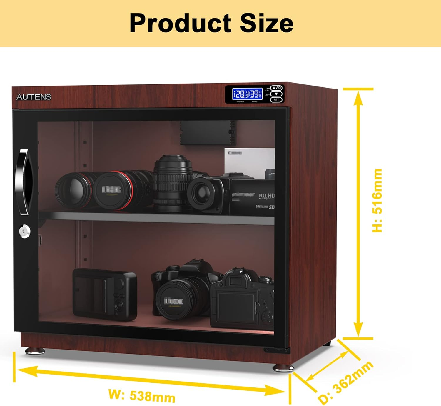 AUTENS 80L Dehumidifying Dry Cabinet Box, Wood Grain Design Digital Control Noiseless and Energy Saving, for Camera Lens and Electronic Equipment Storage,Temperature Humidity LED Dual Screen image number 3