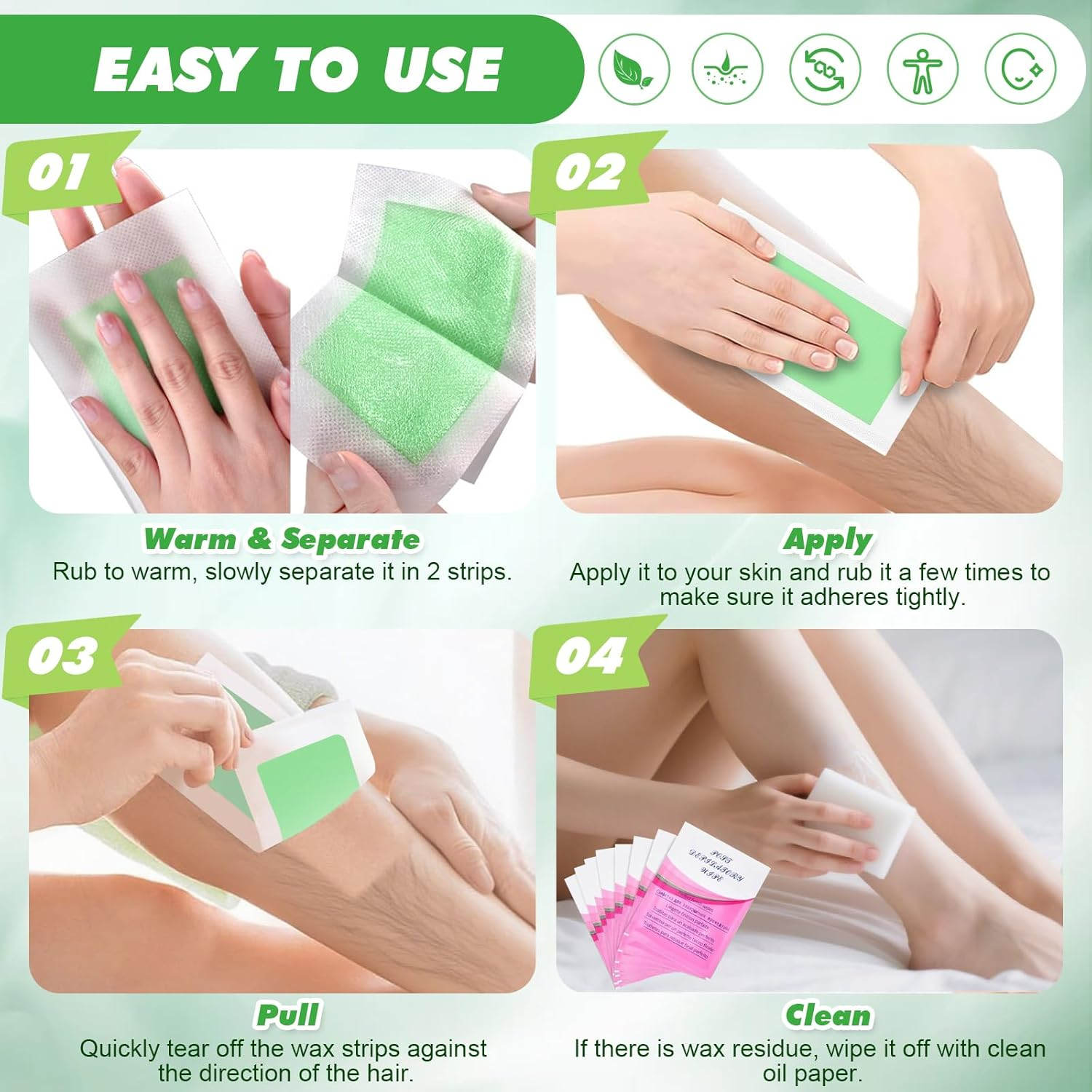 116PCS Wax Strips for Hair Removal, Facial Hair Removal for Women at Home Waxing Kit for Women Face and Body | 116 Waxing Strips & 8 Oil Wipes for All Skin Types image number 5