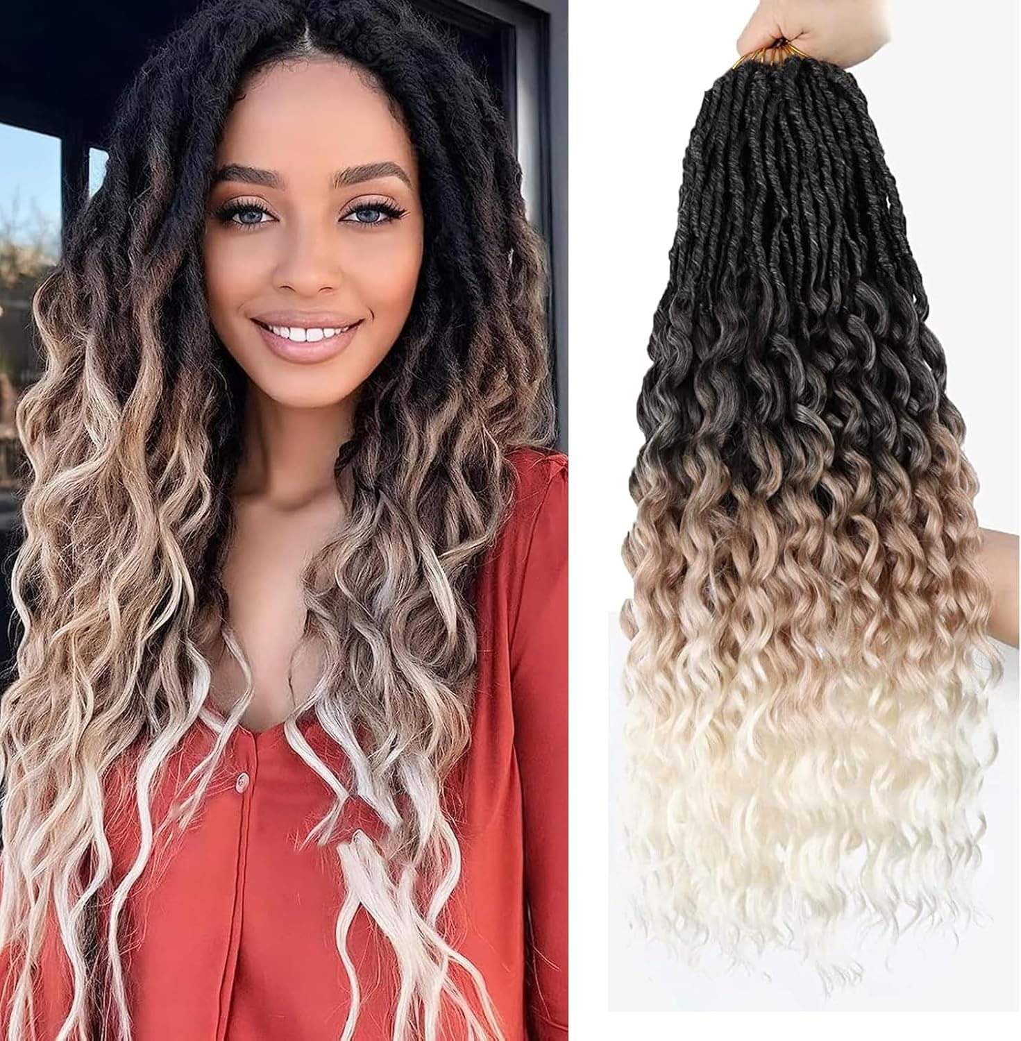 Crochet Braids Twist Hair Goddess Faux Locs Curly Ends Dreadlocks Braids Synthetic 6 Packs 50.8 Cm Hair Extensions High Temperature for Black Women (Deep-1B)