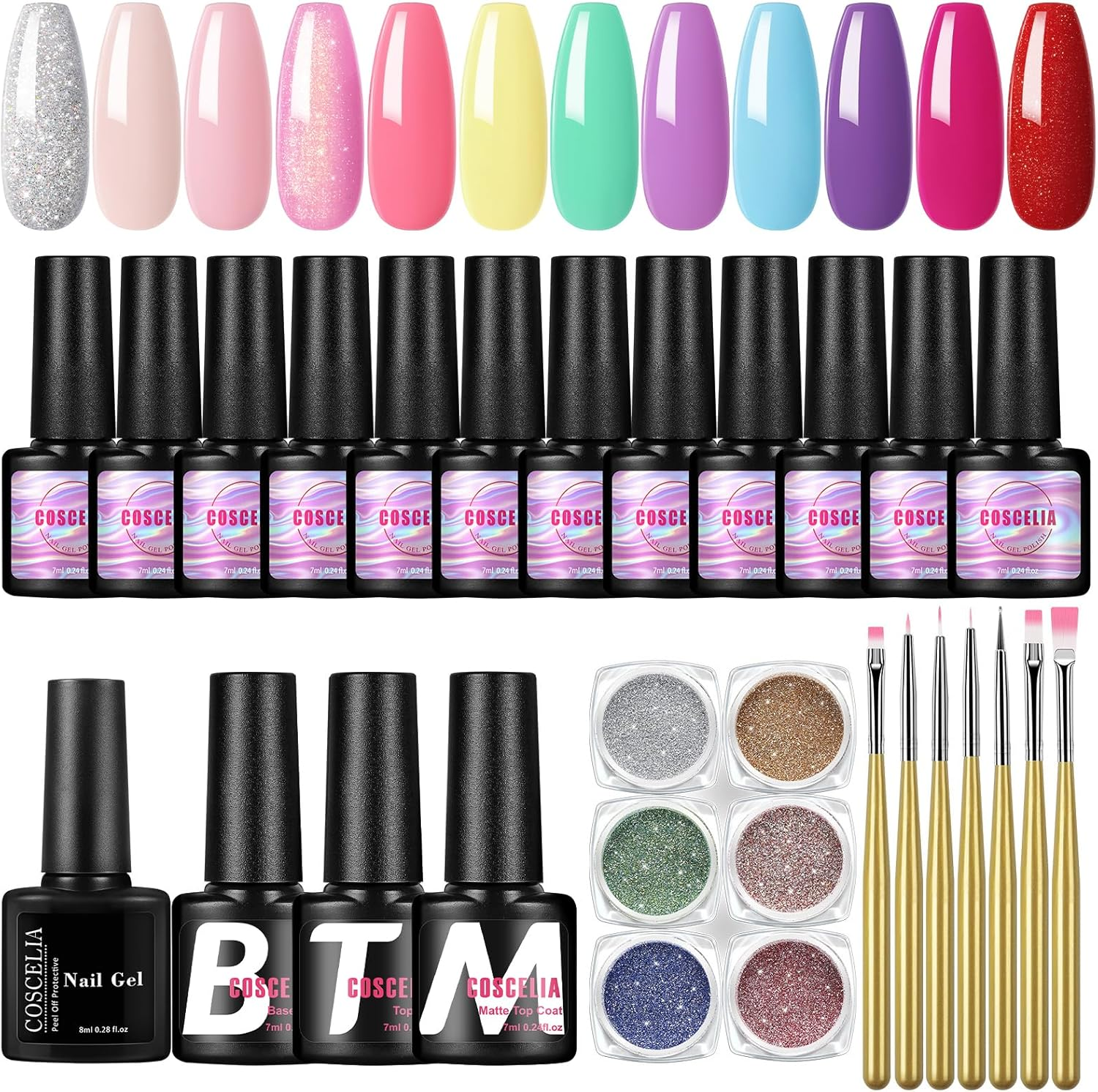 COSCELIA Gel Nail Polish Kit 16 Pcs Nail Polish Set and 12 Colors Nail Gel Polish Rainbow Series Nail Polish 6 Pcs Nail Glitter Powder Set 7 Pcs Nail Art Brush for Nail Designs image number 2