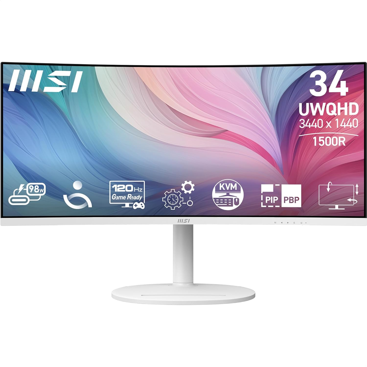 MSI Modern MD342CQPW 34" Ultrawide USB-C 98W PD Height Adjustable Curved Professional Monitor, WUQHD 3440X1440, VA, Frameless, 120Hz, 1Ms, 2Xhdmi&Dp Port, KVM, USB Hub 2A1B, Speakers, VESA, White image number 1