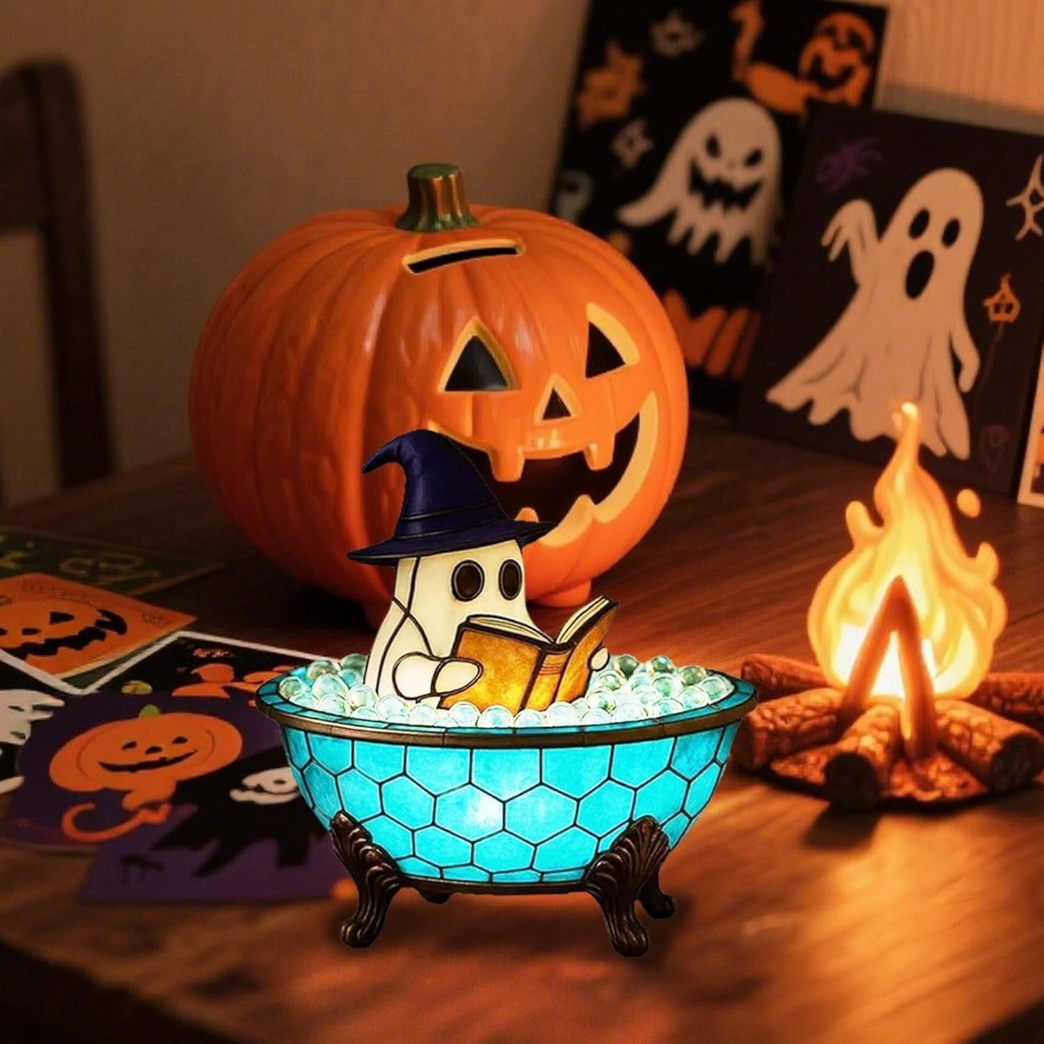 Halloween Ghost Night Light,Ghost Reading Book LED Lamp, Light up Halloween Table Decorations,Indoor Centerpieces Decorations for Table, Shelf, Fireplace(Battery Type 1Pc) - Blue Usb Type 1Pc image number 5