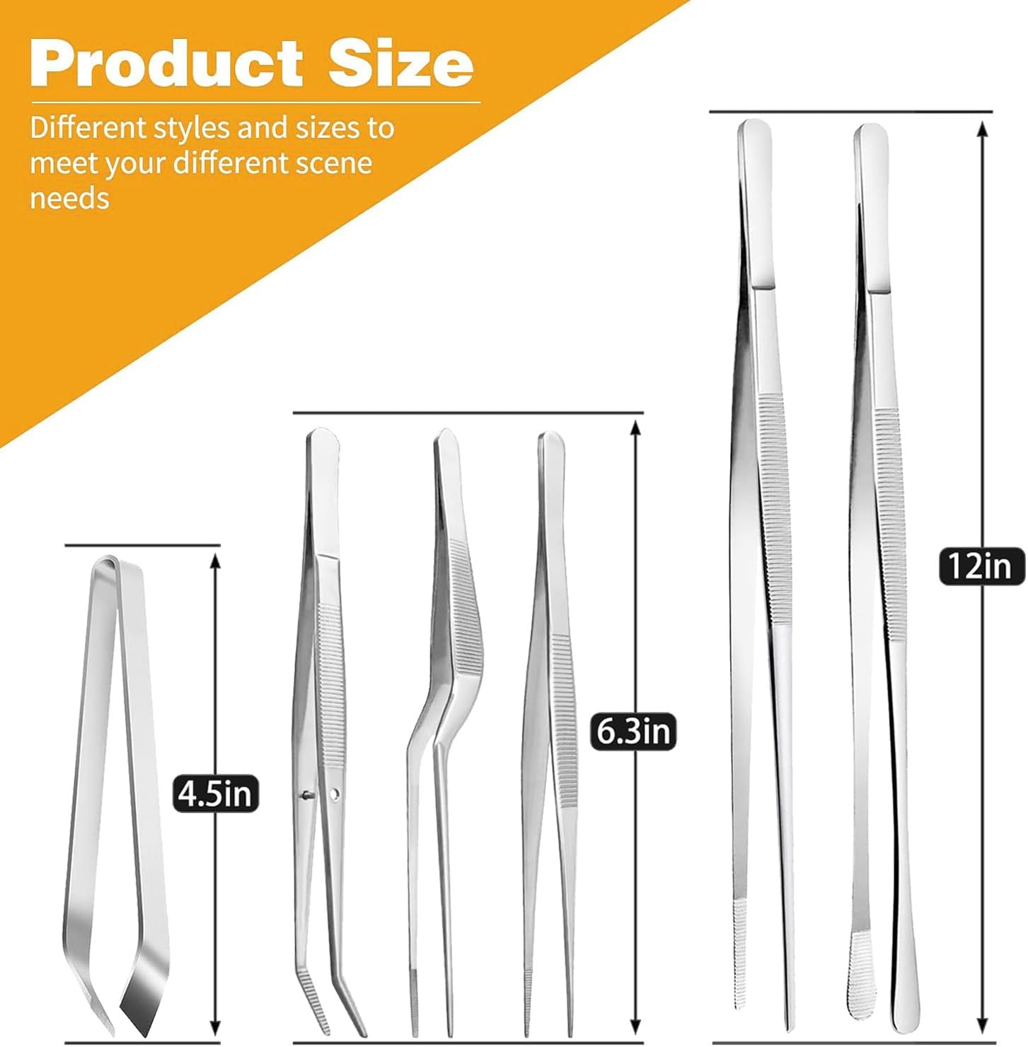 Wzenclave 6-Piece Stainless Steel Fine Tipped Needle-Nose Pliers Cooking (12" & 6.3") Cooking Tweezer Tongs Set Professional Chef-Grade Kitchen Tweezers image number 1