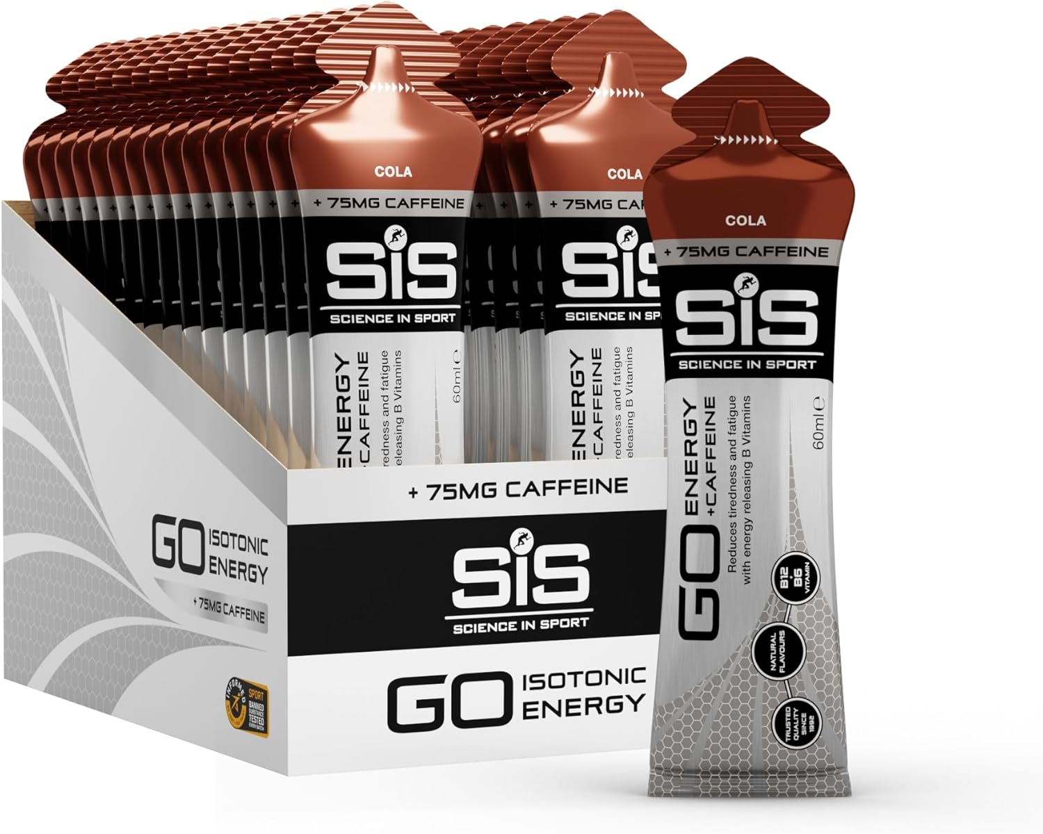 Science in Sport GO Isotonic Energy Gels, 75Mg of Caffeine, Running Gels with 22G Carbohydrates, Low Sugar, Cola Flavour, 60Ml per Serving (30 Pack)