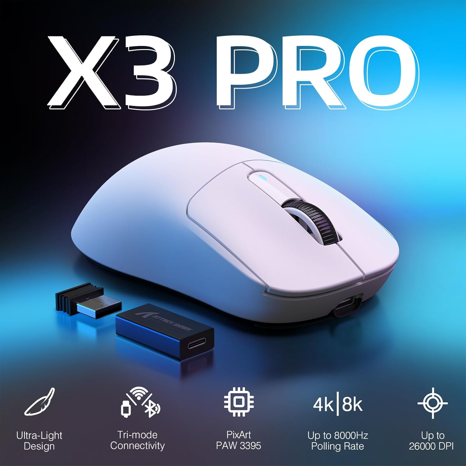 MANBASNAKE Attack Shark X3 Pro 4K/8K Hz Mouse, 59G Superlight BT/2.4G Wireless/Wired Gaming Mouse, Pixart PAW3395 Gaming Sensor, 26000 DPI, Programmable Buttons for Win11/Xbox/Ps/Mac(White) - 4/8K-Red image number 4