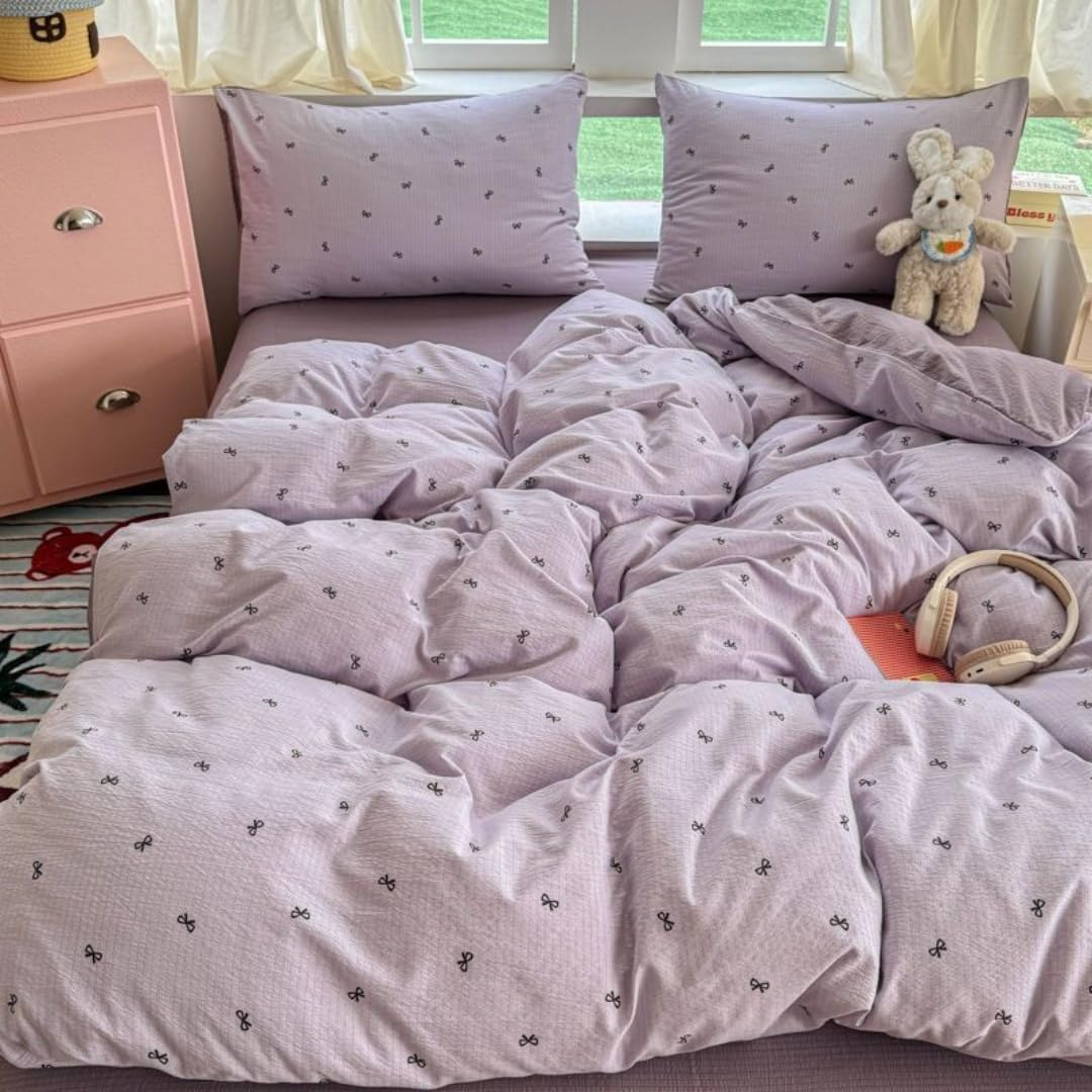 Pink Cartoon Duvet Cover Double-Layer Yarn Feel Super Soft Breathable Cozy Comforter Cover 3 Pieces Bedding Sets with 2 Pillowcases (Purple, Full) image number 2