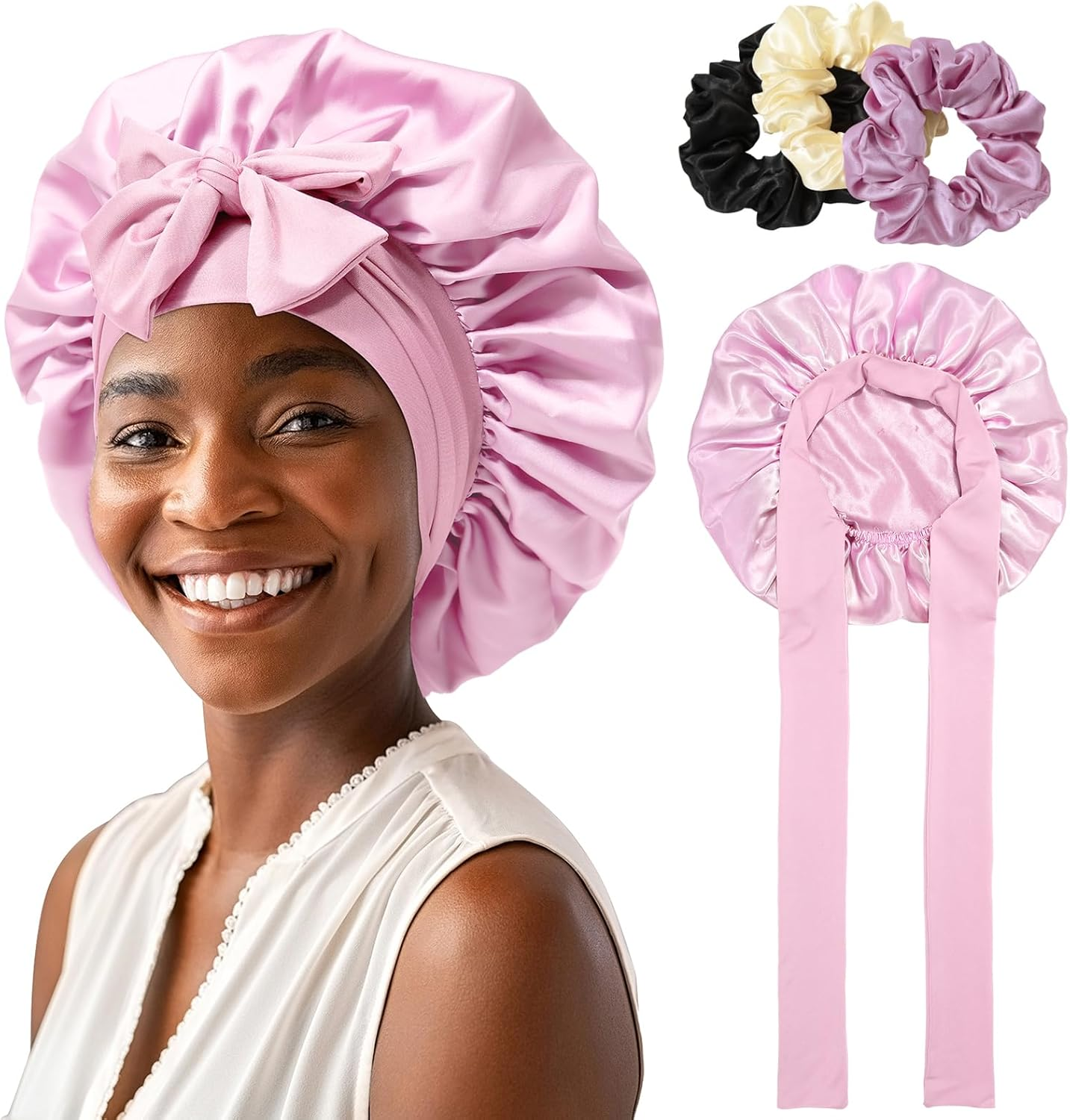 Satin Bonnet for Women Hair Bonnet for Sleeping Large Double Layer Silk Sleep Cap with Wide Elastic Band Hair Cap Sleeping image number 2