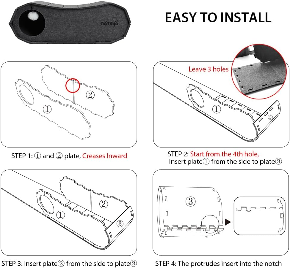 NATUYA Cat Scratching House,Cat Cave Bed for Indoor Cats, Cat Tunnel House for Multiple & Large Cats up to 10KG, Scratch Resistant Felt Cat Caves, Foldable Cat Hideaway Bed (70 X 29 X 24Cm，Black) image number 3