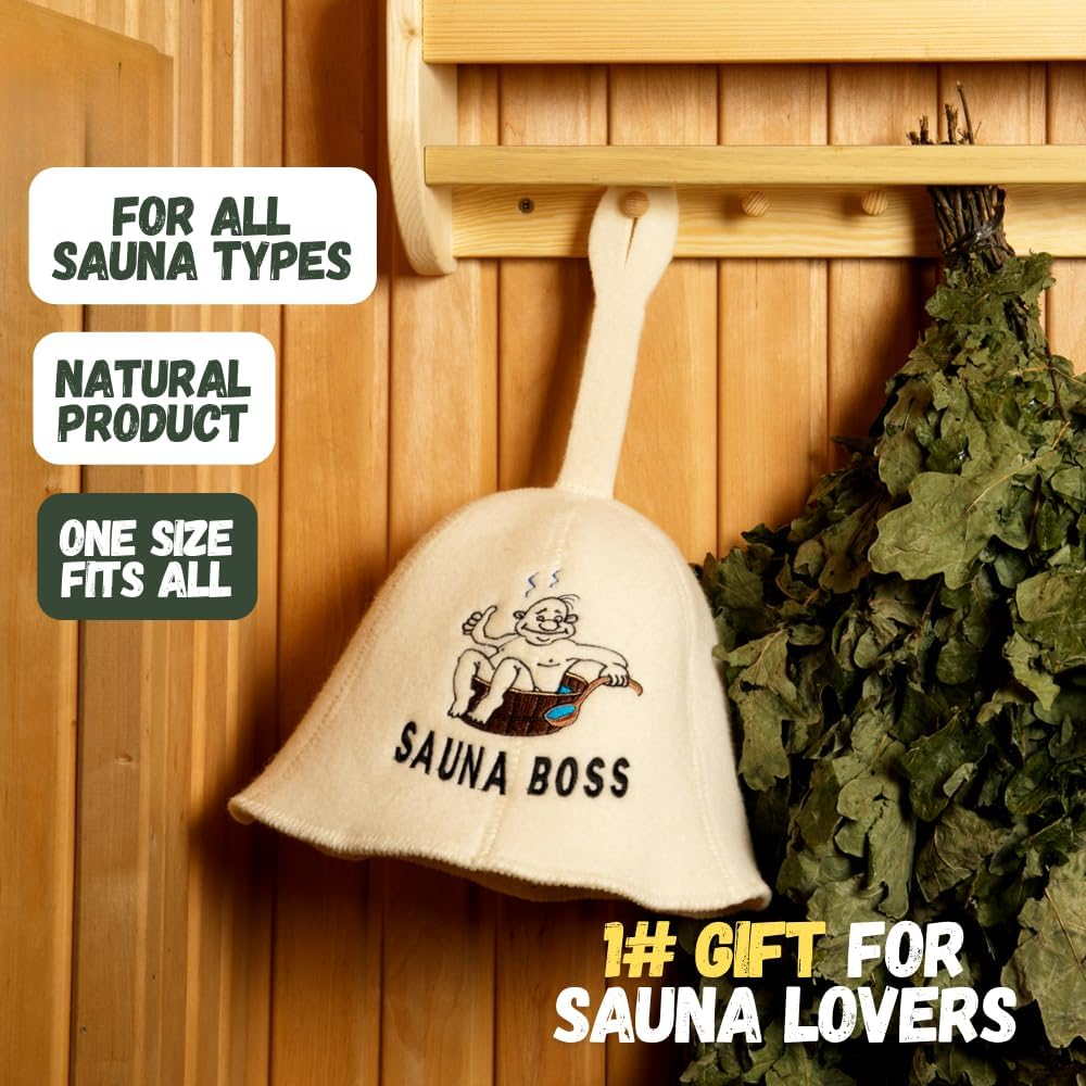 Natural Textile Sauna Boss Bucket Sauna Hat White - 100% Organic Wool Felt Hats - Protect Your Head from Heat - English Sauna E-Book Included - with Embroidery image number 6