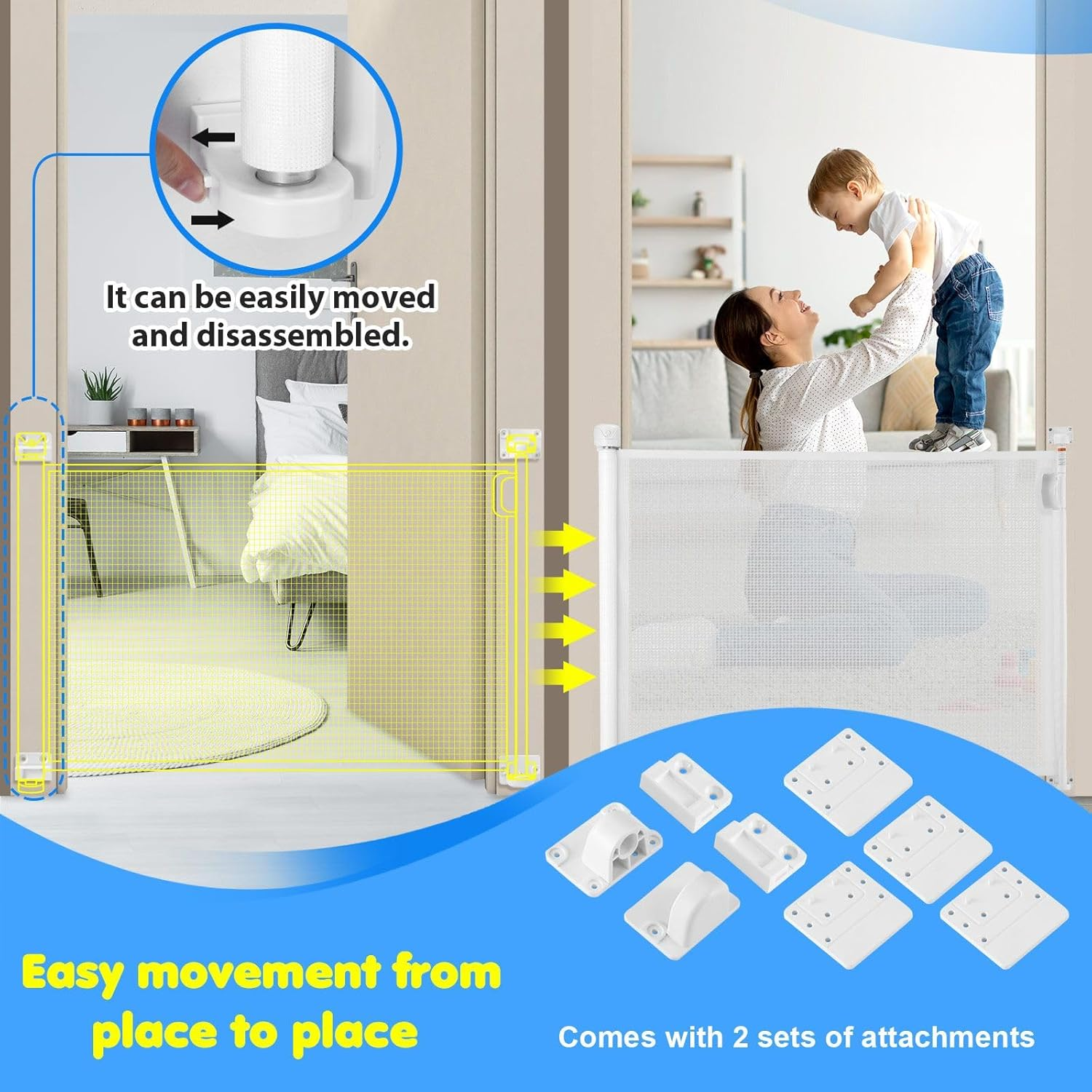 Pet Scene Retractable Safety Gate Extends to 350CM, 93CM Tall Baby Gate Enclosure Fence Safe Guard Barrier for Stairs Doorway Security Mesh Fencing Barrier for Pets & Childs, White image number 5