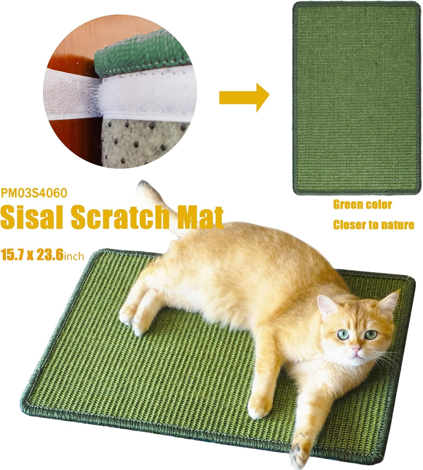 Pethave Cat Scratcher Mat, 23.6X15.7Inch Natural Sisal Cat Scratchers for Indoor Cats with Velcro,Stick on Floor Cat Wall Scratcher,Horizontal Cat Scratch Mat Protect Furniture (Green Color) image number 2