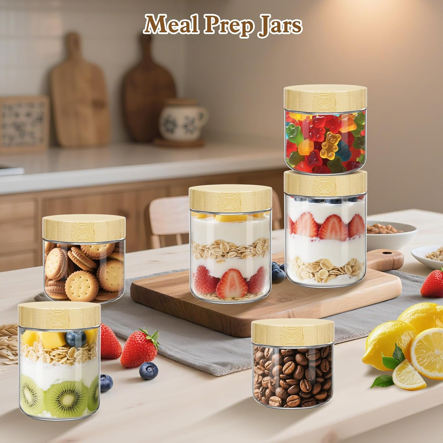 UHAPEER 10 & 16 Oz Overnight Oats Containers with Bamboo Lids 6 Pack: Airtight Glass Storage Jars Wide Mouth Mason Jars for Breakfast Meal Prep Salad Chia Puddirg Snacks Yogurt Sugar Spice Cereal