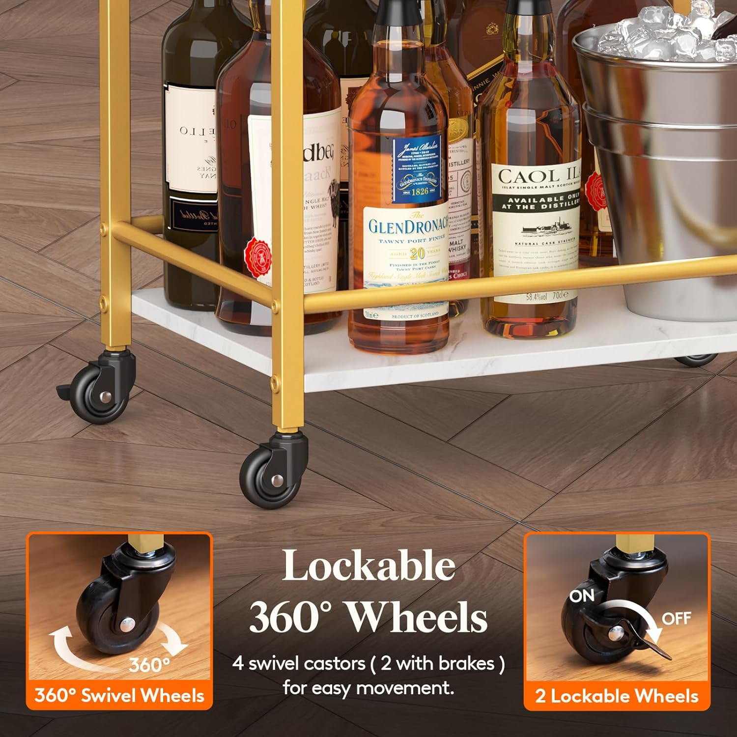 Lifewit Bar Cart for the Home, 3 Tier Small Rolling Wine Cart, Drink Serving Cart with Lockable Wheels, Mini Liquor Utility Cart for Kitchen Dining Living Room, 17" X 11.8" X 32.1", Gold image number 1